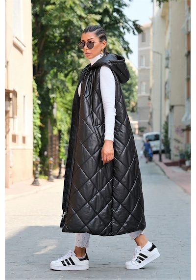 Keyifli Moda Kadın Siyah Kapüşonlu Cepli Baklava Desen Uzun Şişme Yelek