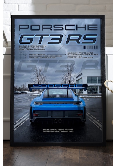 Porsche Gt3 Rs Siyah Ahşap Çerçeveli Poster, Dekoratif Araba Duvar Tablosu