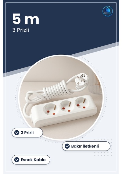 Grup Priz Uzatma Kablosu 3 Prizli 5 M Ev Ve Ofis İçin Bakır İletk