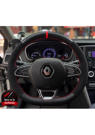 Renault Kadjar Dikme Direksiyon Kılıfı Alcantara Süet Mat Karbon Kırmızı Yüzük Ve Dikiş 2015-2022