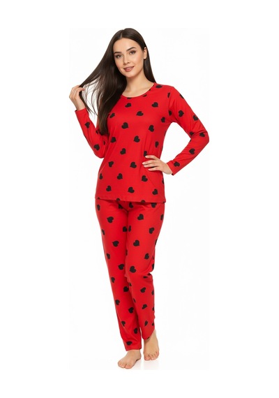 Bisiklet Yaka Süet Kırmızı Pijama Takımı 6010 Siyah Kalpli Gümüş