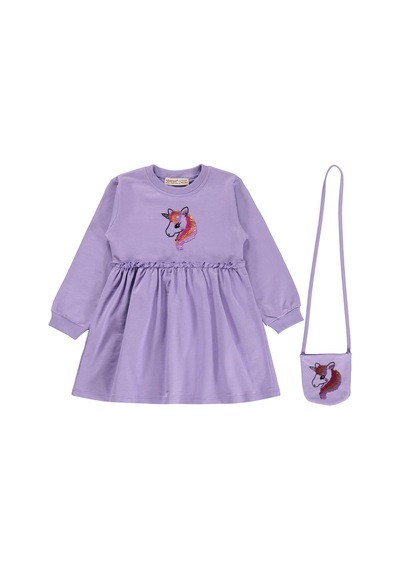 Silversun Kids Silversun Unicorn Baskılı Çantalı 2-7 Yaş Elbise - Lila