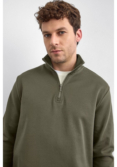 Backandbond Haki Regular Fit Dik Yaka Yarım Fermuarlı Sweatshirt