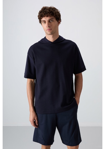 Tommy Life Lacivert Pamuklu Kalın Yüzeyi Dokulu Oversize Fit Basic Erkek T-shirt - 88335 Lacivert