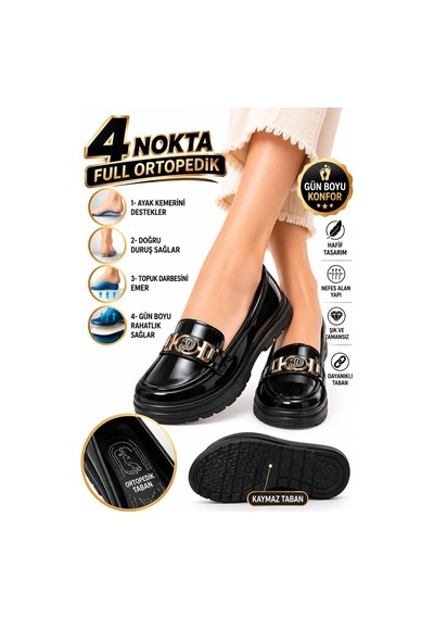 Modafocus Altın Tokalı Rugan Ortopedik Loafer - Siyah Siyah