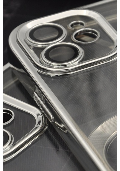 Apple Uyumlu iPhone 11 Gümüş Gri Silver Renkli Kenarlı Lazerli Şeffaf Kılıf Lens Korumalı