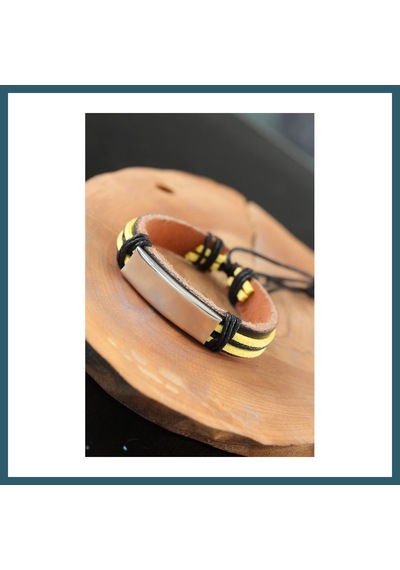 Bezos Metal Aksesuarlı Sarı Siyah Renk Deri Erkek Bileklik Ob