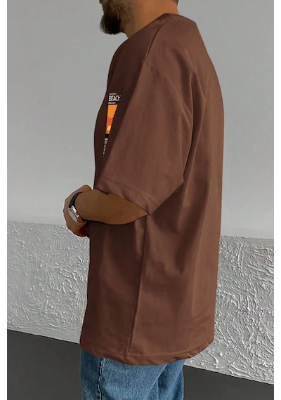 Erkek Beach Baskılı Oversize Tshirt Kahverengi