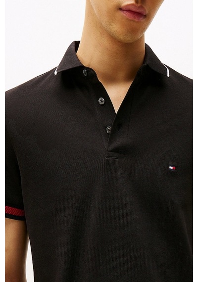 Tommy Hilfiger Flag Cuff Slım Fıt Polo Siyah