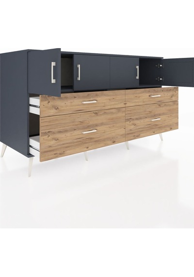 Kronos Konsol 2 Raflı 4 Çekmeceli 4 Kapaklı 176x59x99 Antrasit-an Antrasit-antrasit/çam