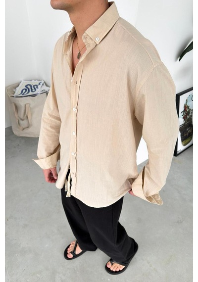 Bej Oversize Fresh Keten Gömlek Bej