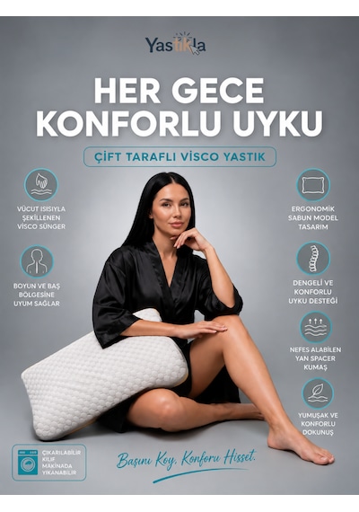 Büyük Boy Ortopedik Visco Yastık Boyun Ve Omurga Destekli Çift Taraflı 60x40x12-14 Cm Beyaz - Antrasit