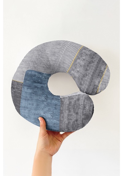 Modern Geometrik Desenli Boyun Yastığı - Şeritli Mavi Gri Yumuşak Seyahat Yastığı Pastel Ayışığı Keten