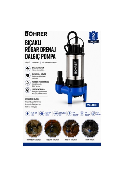 V450df Bıçaklı Rögar Drenaj Dalgıç Pompa 0.60 Hp 200 L/dak Kirli Su Ve Foseptik Tahliye Pompa