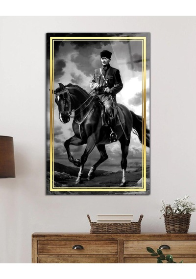Atatürk At Üstünde Siyah Beyaz Cam Tablo Hediyelik Büyük Tablo Ev Ofis Dekoru