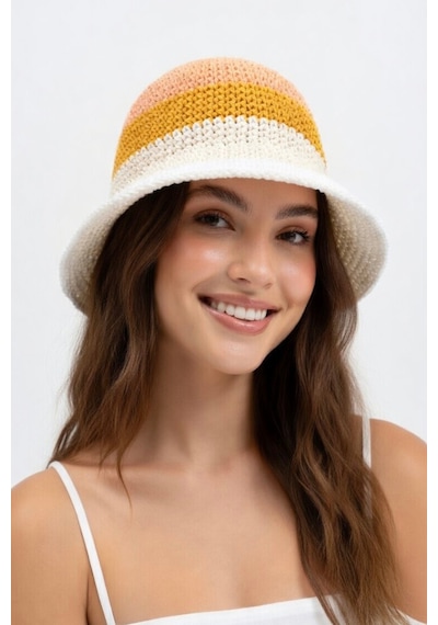 Mollycrush Kadın Sarı Geçişli Hasır Örgü Bucket Şapka Bohem Stil Plaj Ve Güneş Şapkası Sarı
