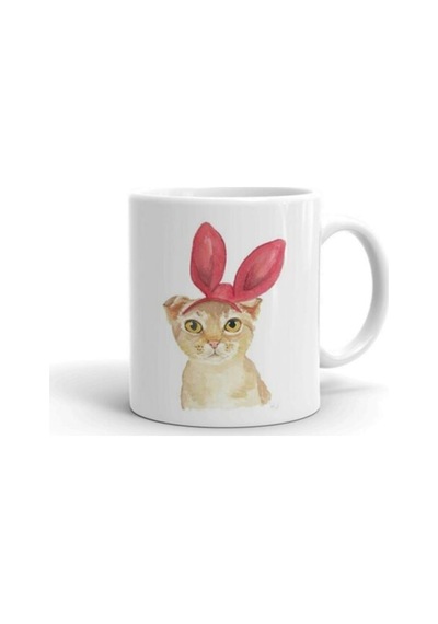 Tavşan Kulak Kedi Baskılı Kupa Bardak Beyaz