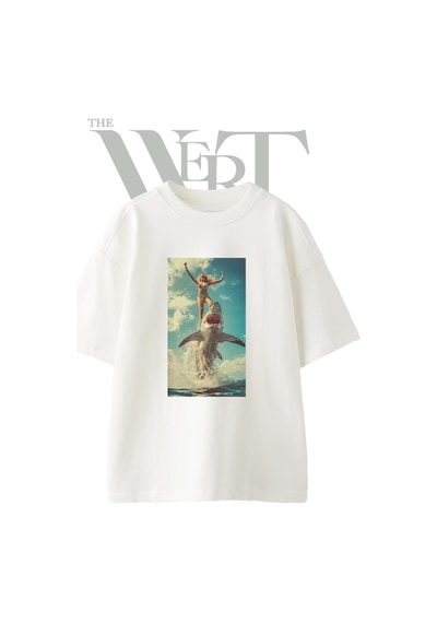 Thewert Woman Shark Tasarım Baskılı Ünisex Beyaz Oversize T-shirt