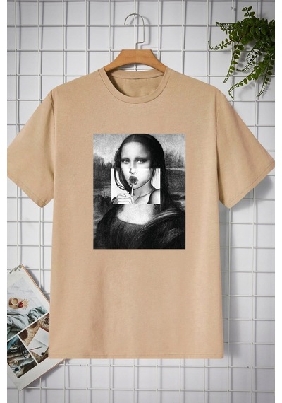 Unisex Mona Lisa Baskılı Tasarım Tshirt Bej