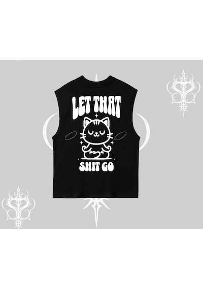Tarzsokak Meditasyon Yapan Kedi Baskılı Kolsuz Tshirt Siyah