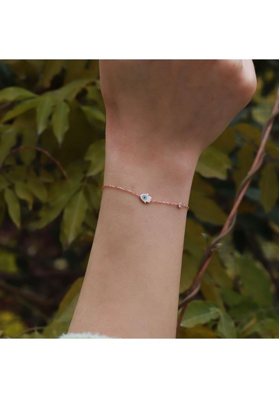 Fatma Ana El Figürlü Zirkon Taşlı Mine İşli Rose Gold Kaplama Gümüş Bileklik Gümüş