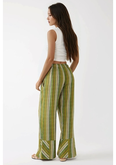 Hiccup Wide Leg Çizgi Desenli Rahat Kesim Pantolon Yeşil