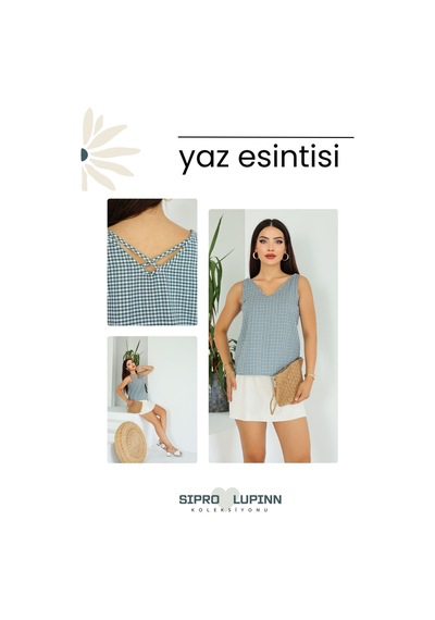 Lupinn Moda Kadın Turkuaz Beyaz Ekose Desenli V Yaka Arkası Çapraz Askılı Kolsuz Bluz Yeşil