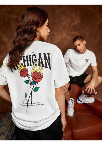 Flood Of Style Unisex Beyaz Mıchıgan Baskılı 2'li Set Sevgili Çift Kombini