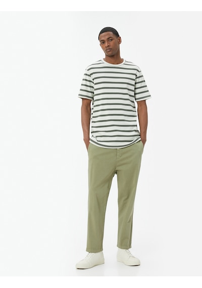 Koton Basic Tişört Slim Fit Çizgili Bisiklet Yaka Kısa Kollu Haki Çizgili 4sam10843hk Haki