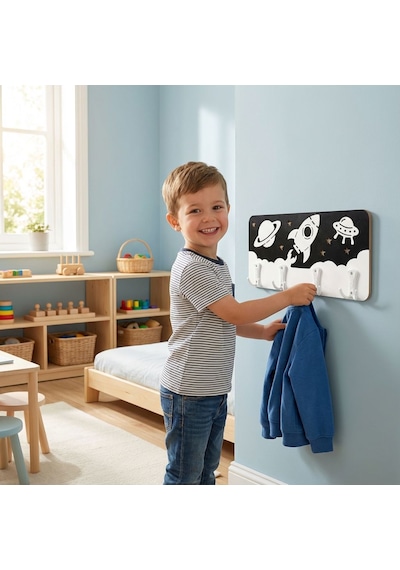 Premium Montessori Katmanlı Çocuk Odası Askılığı - Özgüven Destekleyici Özel Tasarım Siyah - Beyaz