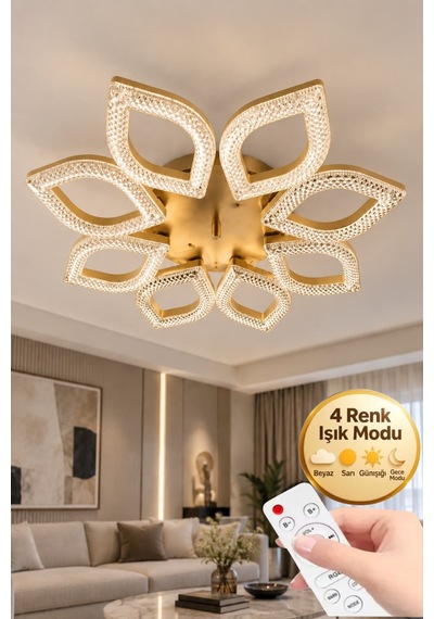 Yonca Model Gold Kumandalı 8 Li Ledli 3 Renk Modu Kristal Salon Mutfak Yatak Çocuk Odası Avize Altın