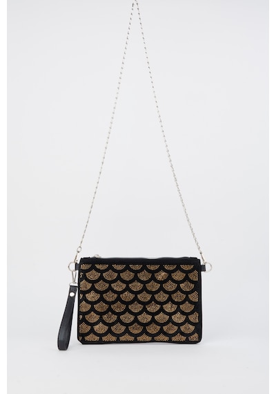 Vivaq Kadın Yelpazer Altın Taşlı Süet Bilek Askılı Ve Zincir Askılı Portföy El Ve Clutch Çanta SİYAH