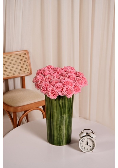 Pembe Yapay Gül Tek Dal Premium Canlı Islak Dokulu 45 Cm