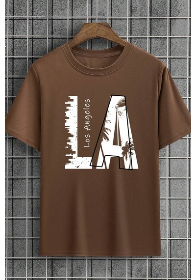 Unisex Los Angles Baskılı Tasarım Tshirt Kahverengi