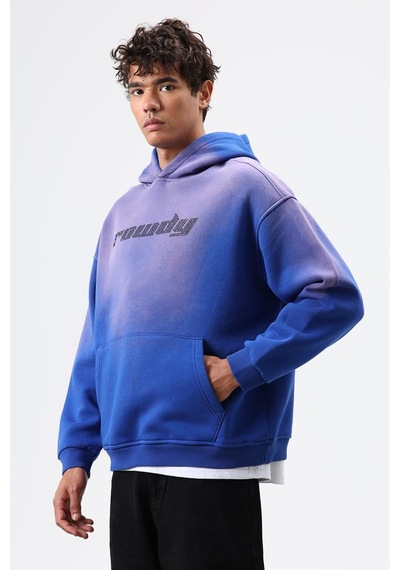 Vamos Oversize Baskılı Yıkamalı Hoodie Saks Mavi