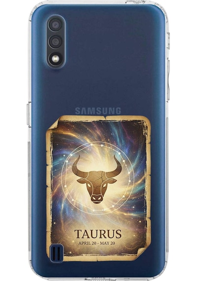 Samsung Galaxy A01 İle Uyumlu Burç Kartları Boğa Tasarımlı Şeffaf Silikon Kılıf Şeffaf
