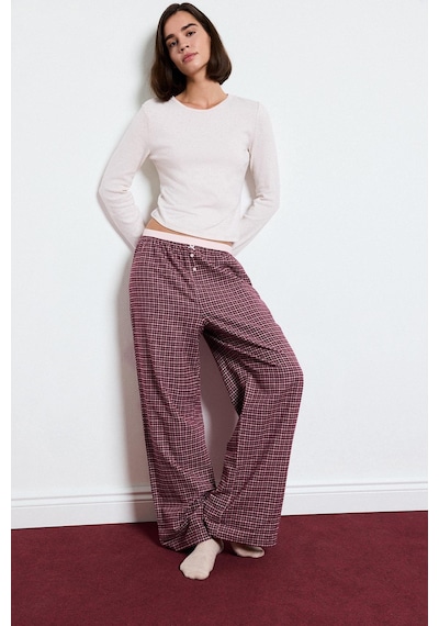 Defacto Regular Fit Bisiklet Yaka Uzun Kollu Üst Ekose Desenli Geniş Paça Alt Flanel Pijama Takımı H4398ax26aubr285 Bordo-br285
