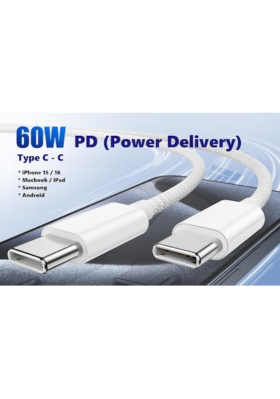 Type C-c, 2metre Örgülü Ve Güçlendirilmiş Boyun 60watt Hızlı Şarj Kablosu 1ad X 2metre Beyaz