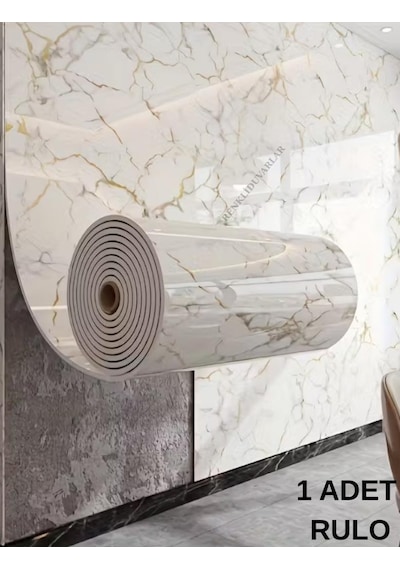 120cm X 3 Metre Tek Parça Yapışkanlı Rulo Mermer Desenli Duvar Paneli Kağıdı Silinebilir Ls-6010-böte Altın