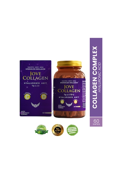 Jove Collagen Komplex Kollajen Tip 1-2-3 Hidrolize Kollajen Peptit Hyaluronik Asit C ve D3 Vitamini  60 Kapsül