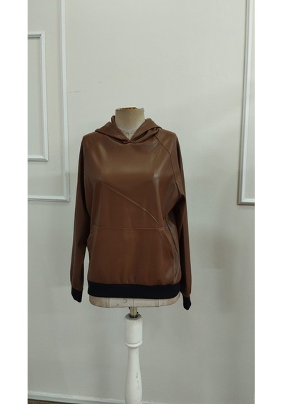 Bhrwear Kadın Uzun Kollu Kapşonlu Cepli Şardonlu Deri Bluz Renkli