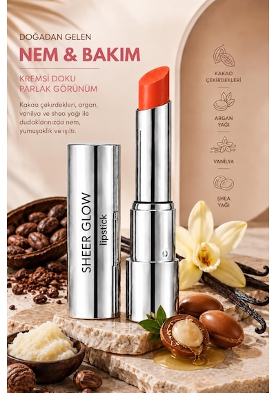 Pierre Cardin Sheer Glow Lipstick - Parlak Bitişli Nemlendirici Ruj - Tangerina Orange - 006 0