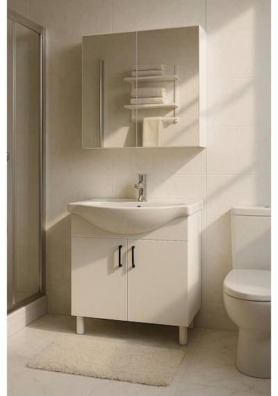 Makbulce 65 Cm Beyaz Mdf Seramik Lavabolu Ayaklı Aynalı Banyo Dolabı Beyaz