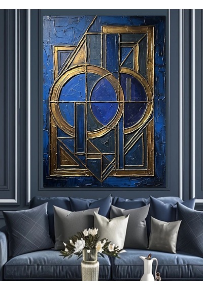 Mavi Altın Art Deco Geometrik Çerçeve Dekoratif Kanvas - Mdf Ahşap Tablo Çok Renkli