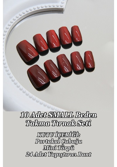 Small Beden Kedi Gözü Bordo Renk Kısa Küt 10 Adet Takma Tırnak Seti T036 Bordo