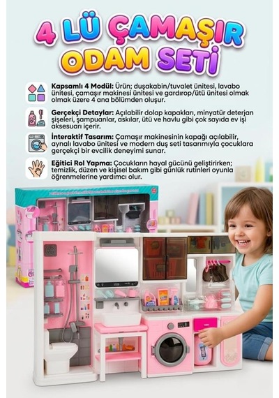 Dev Boy 4 Modüllü Oyuncak Banyo Seti 50x32 Cm - Çamaşır Makinesi, Duş Ve Gardırop Bir Arada