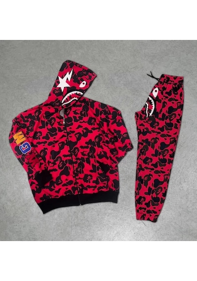 Tarzyeri Unisex Pubg Bape X Shark Eşofman Takımı - Kırmızı 001