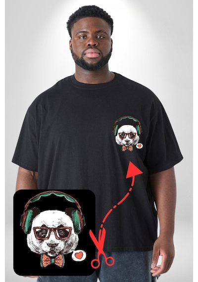 Angemiel Kulaklıklı Hipster Portre Panda Siyah Büyük Beden Kadın Basic Minimal Baskılı Tişört Siyah