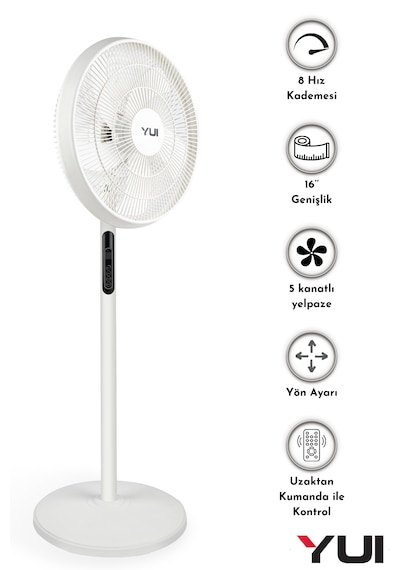 Yui F60 Beyaz 16 İnç 50W 8 Kademe 5 Pervane Döner Başlıklı Uzaktan Kumandalı Vantilatör
