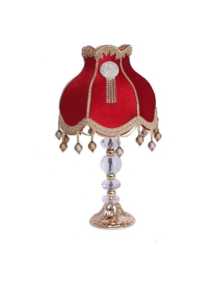 Kırmızı Redviev Cristal Abajur Broşlu Başlık Kristal Metal Ayaklı Klasik Model Abajur 50x30cm